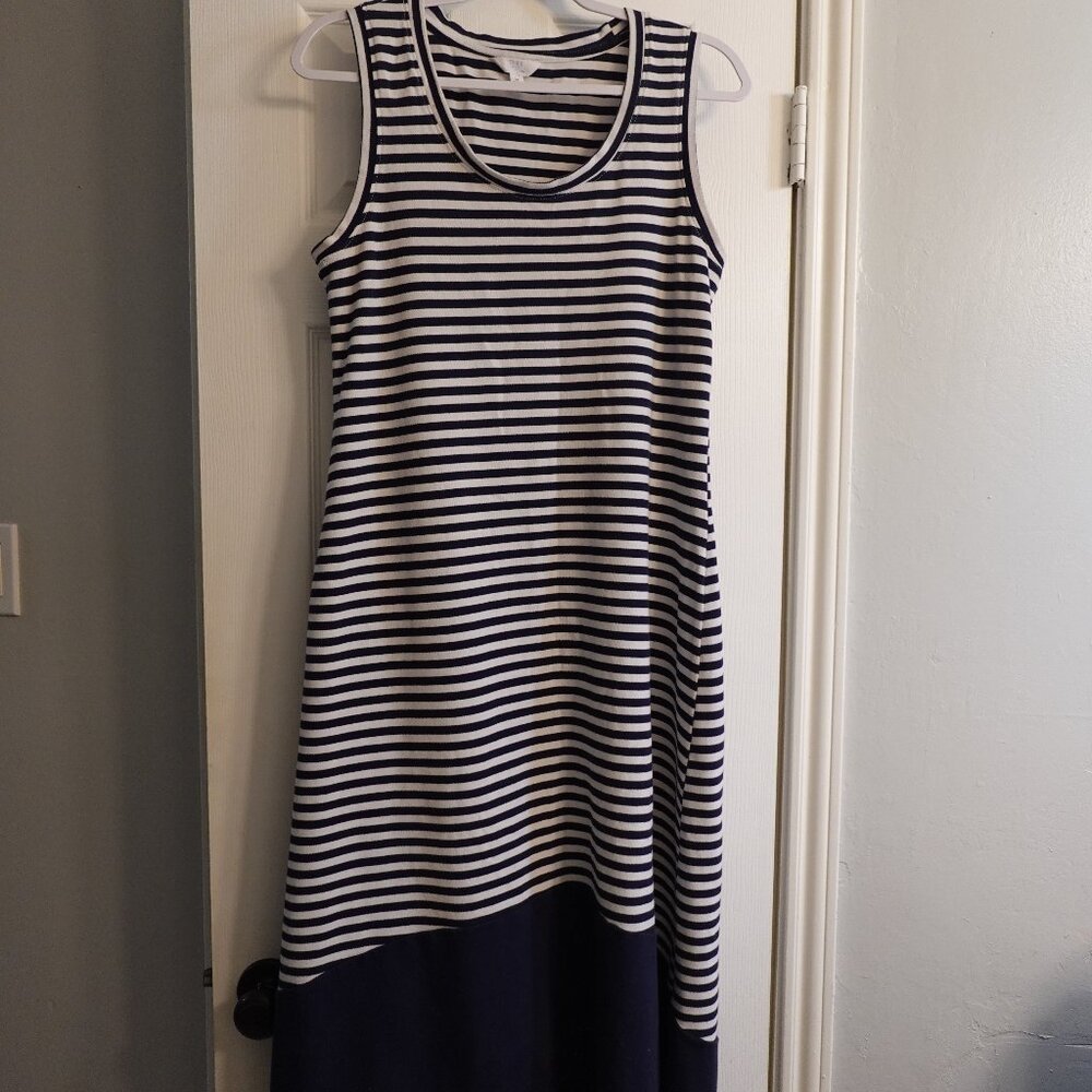 Nautical Blue and White Striped Sleeveless Dress Midi High Low Hem Size M